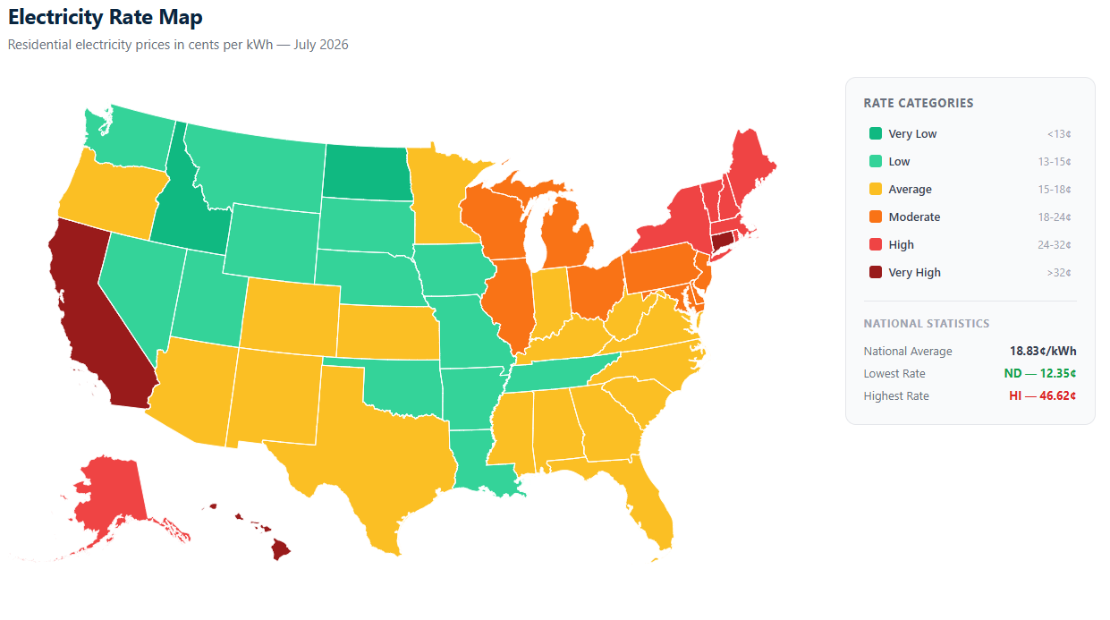 A map of US residential electricity prices in the US.