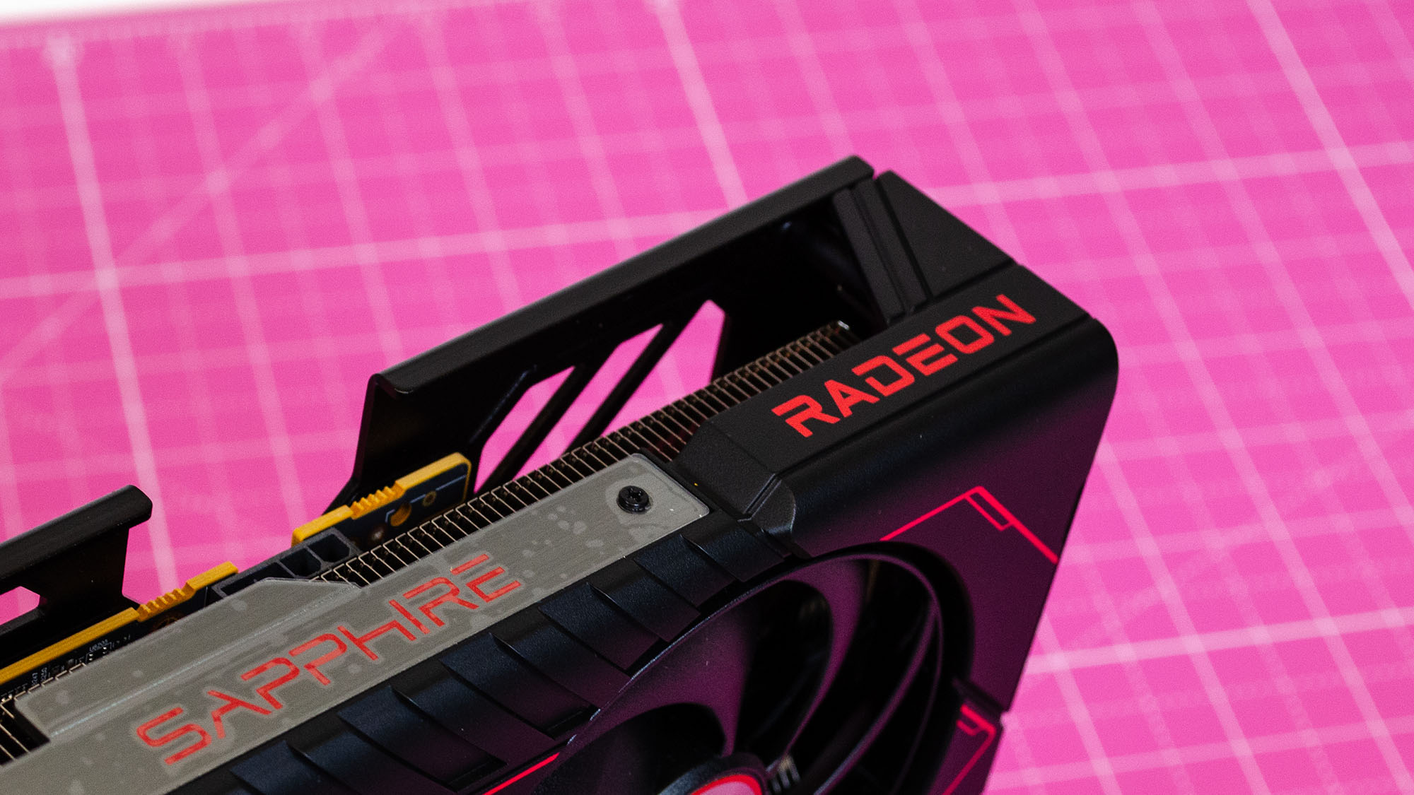 The marking on the top of an AMD Radeon RX 9060 XT