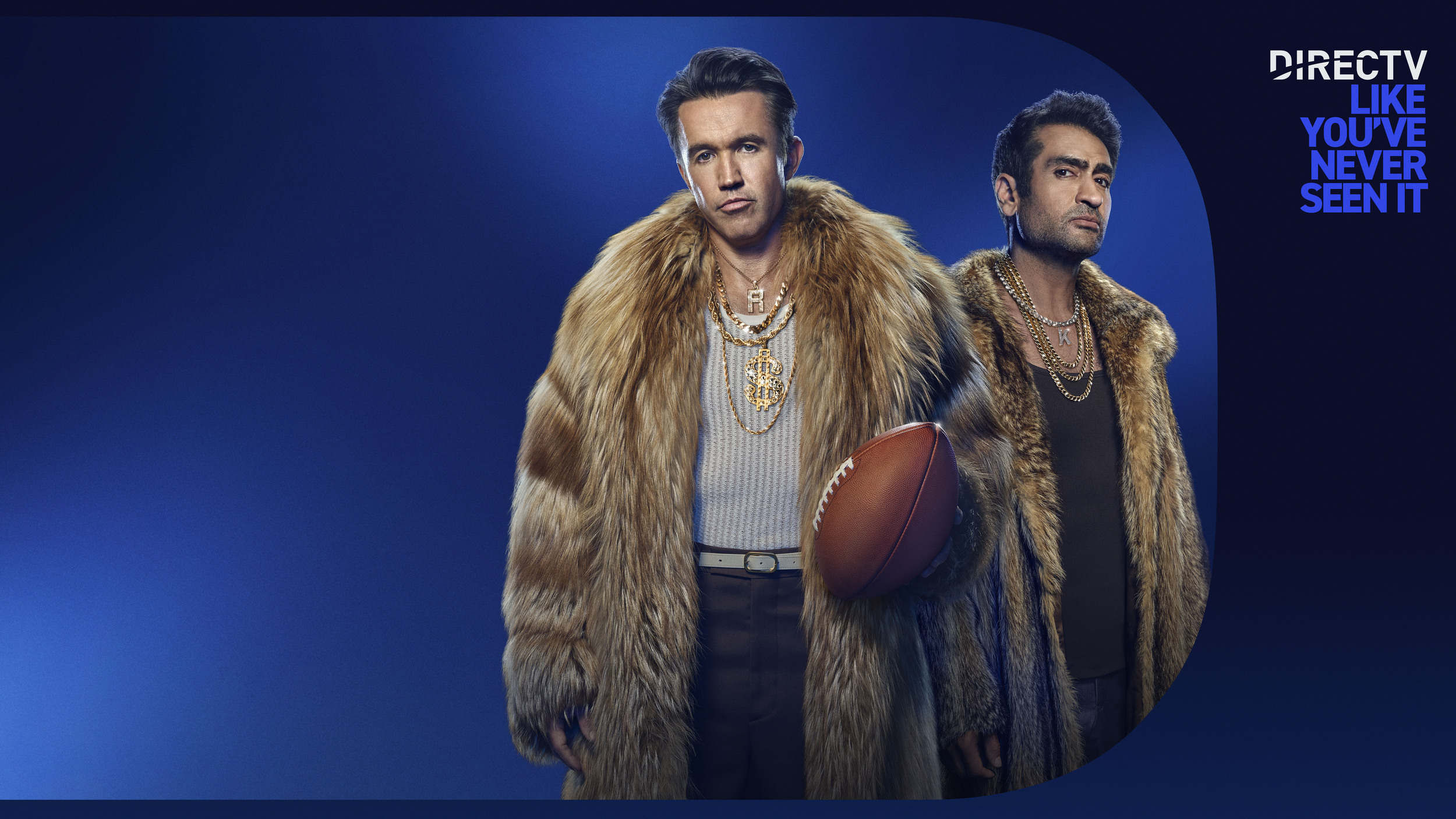 Kumail Nanjiani and Rob McElhenney pose on a DIRECTV promotional poster that reads 