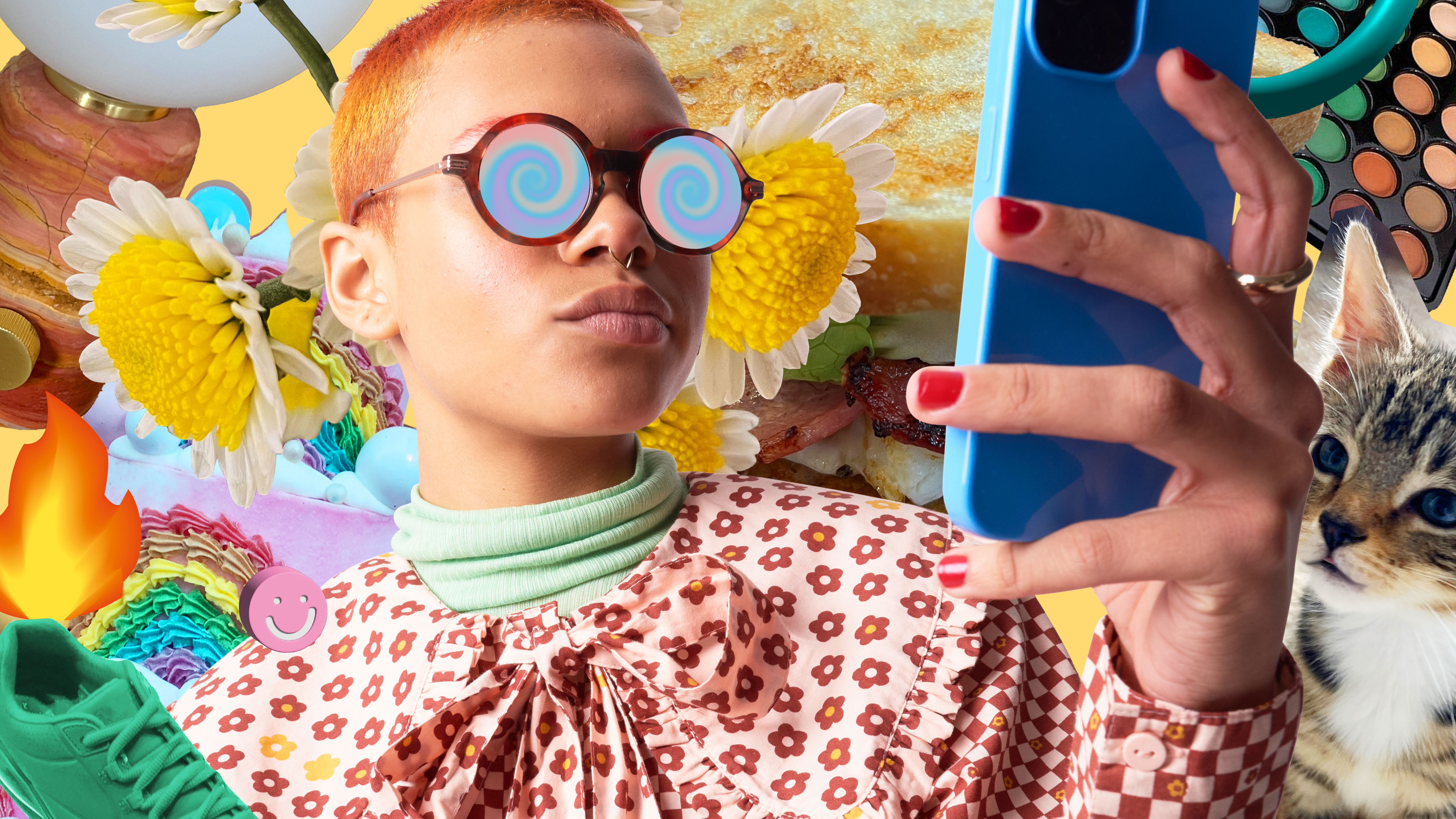 Person using a cell phone trapped in a scrolling hole surrounded by a collage of social media obsessions.
