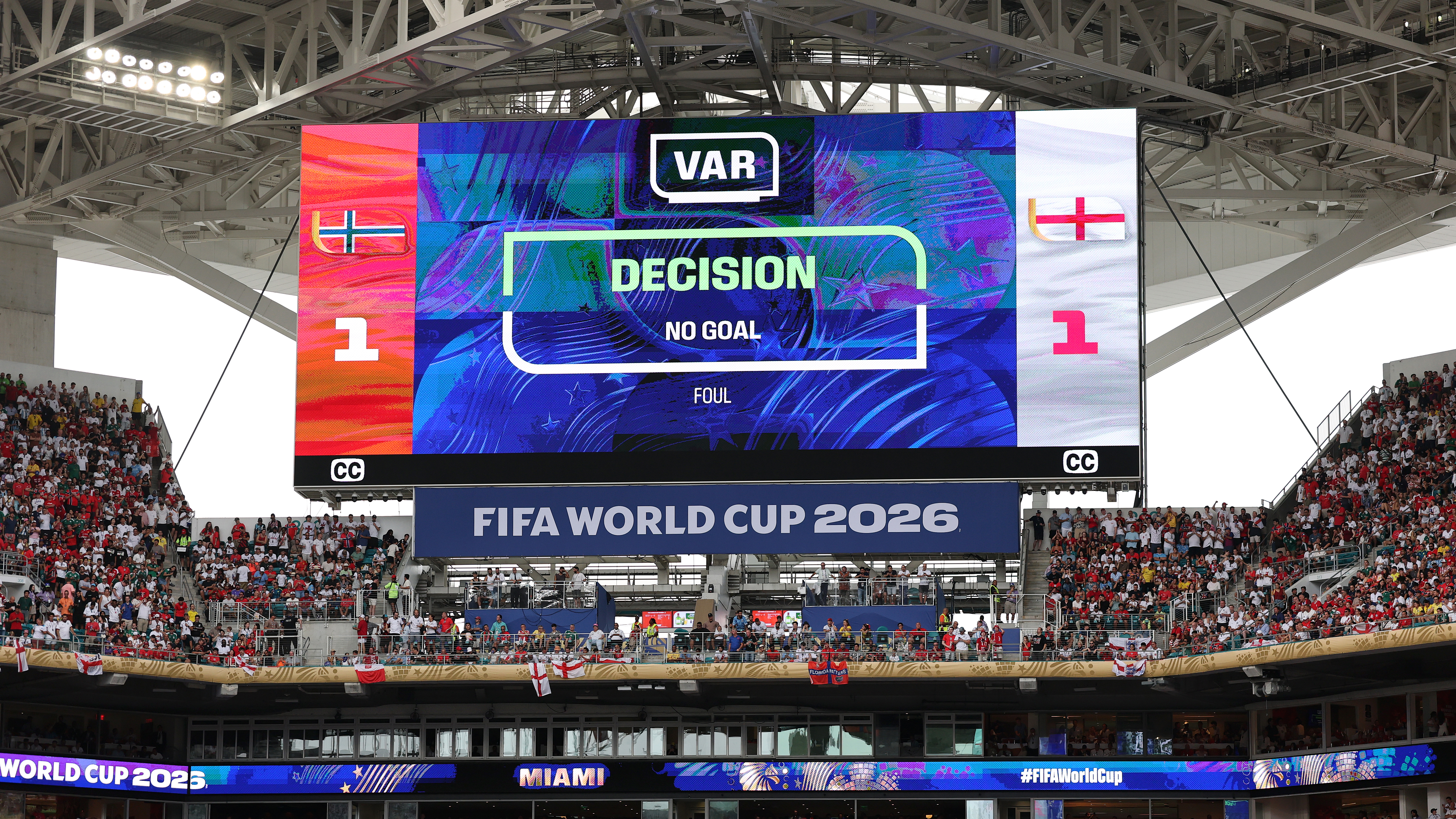 A 2026 FIFA World Cup results screen showing a VAR decision