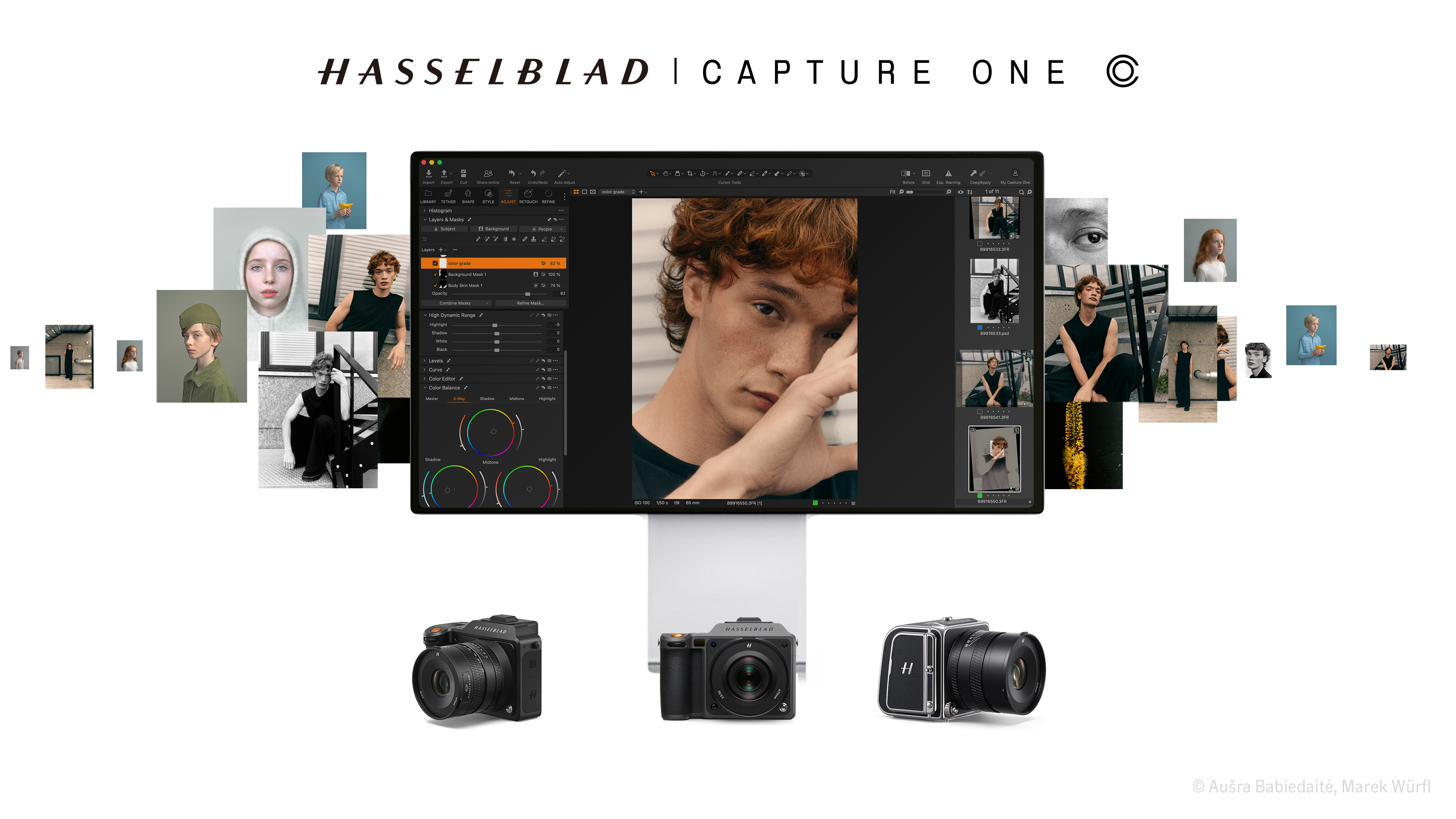 Three Hasselblad cameras along with a Capture One software graphic overlay and thumbnails, on a white background.