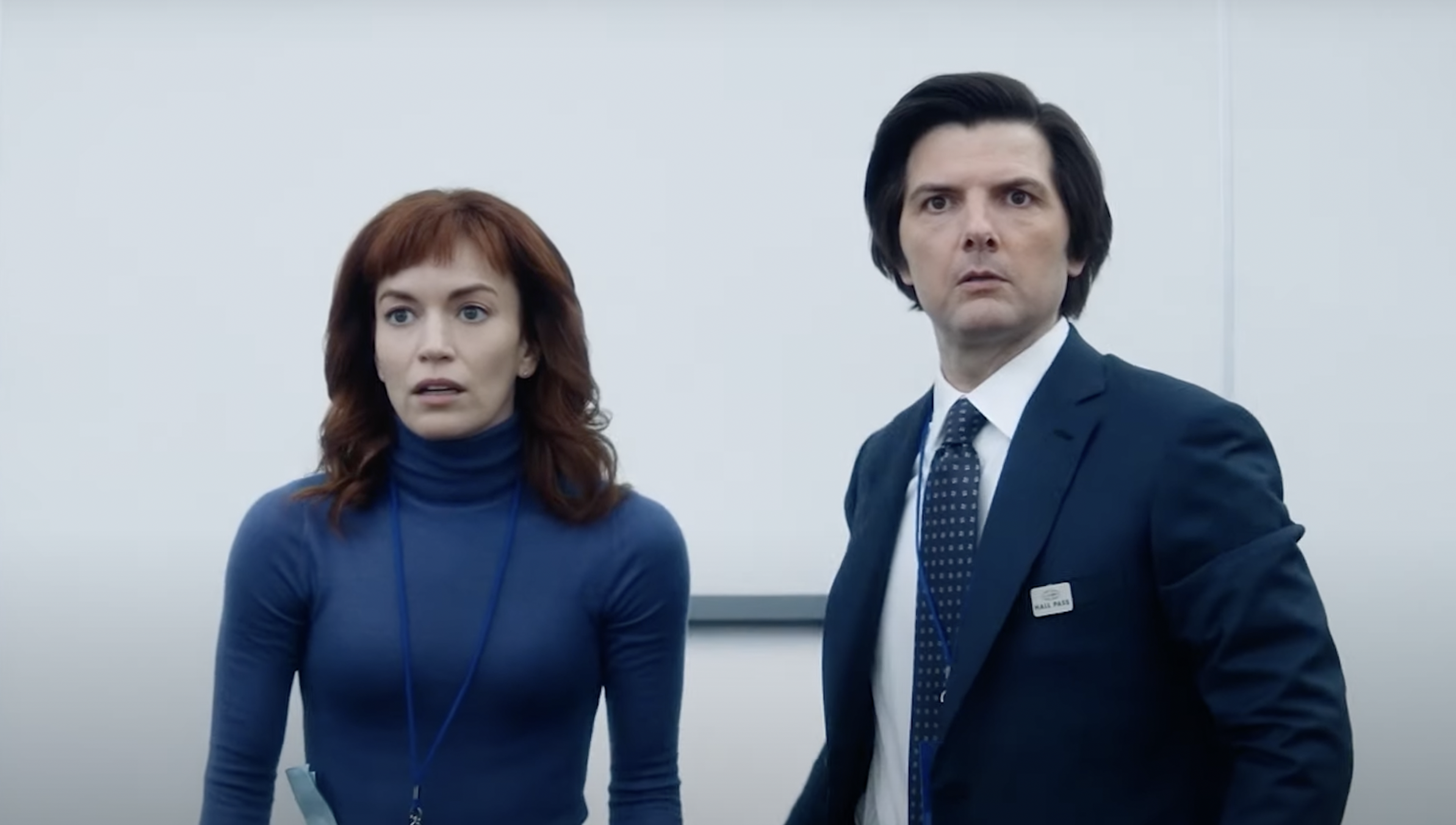 Helly R and Mark S look surprised in Severance season 2