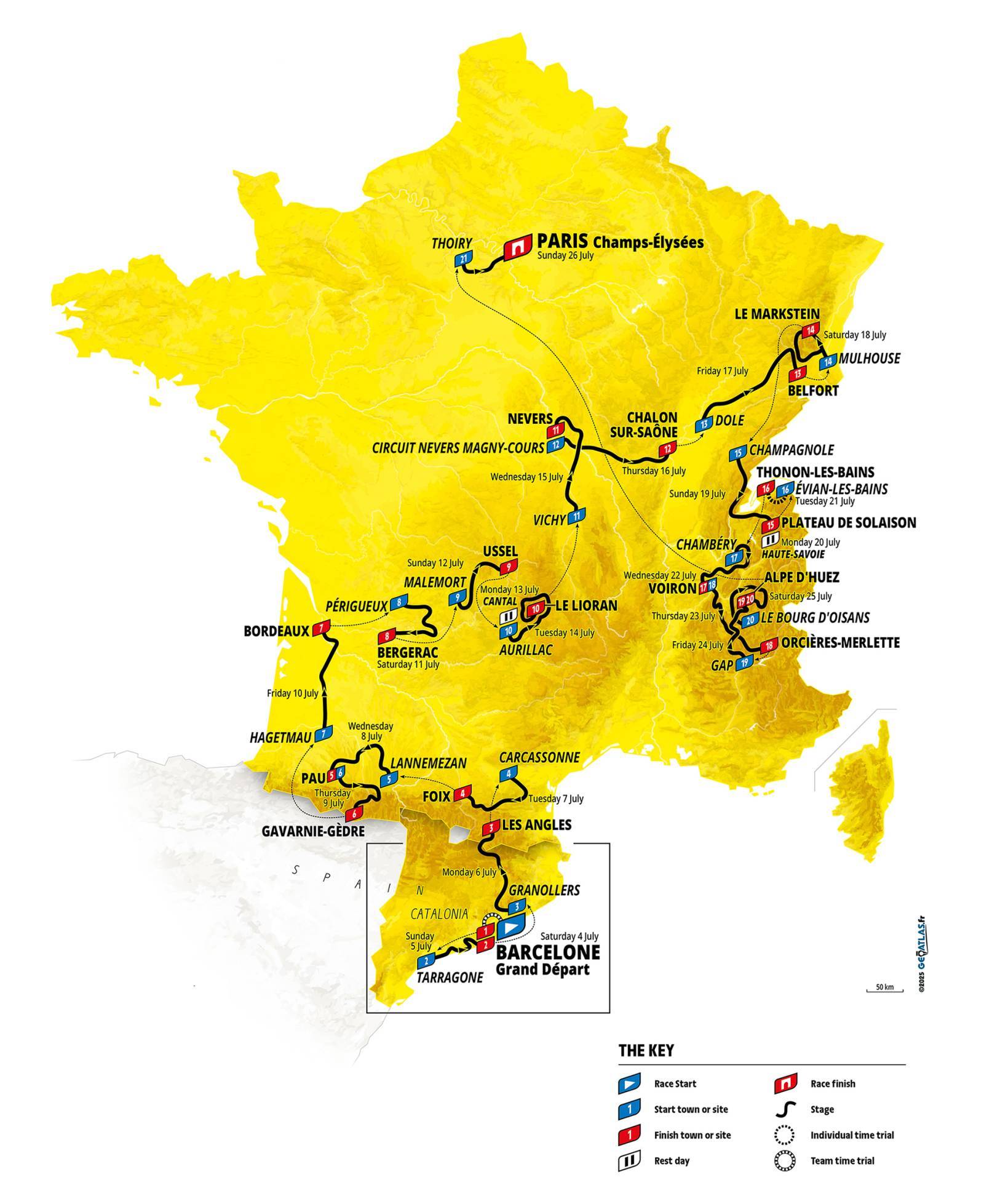 A map of the route of the Tour de France 2026