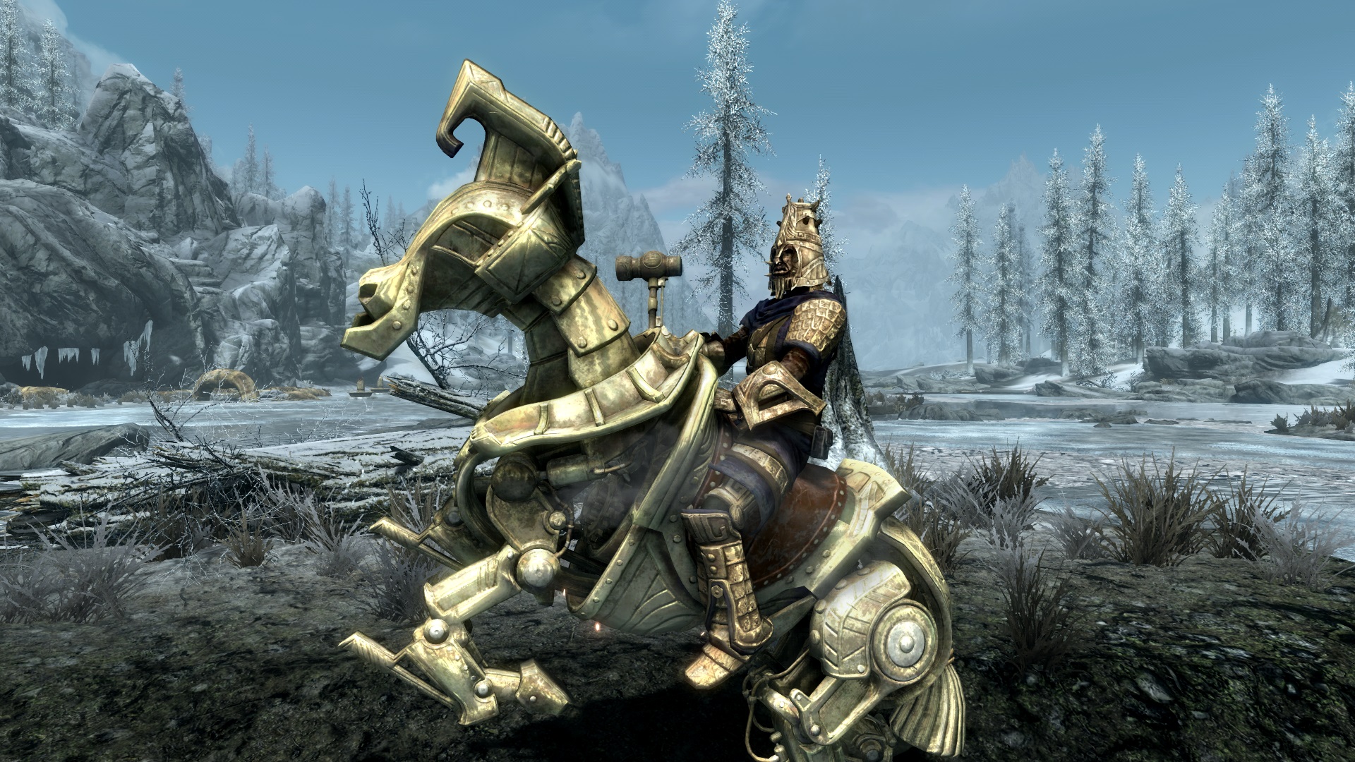 An armored player sits atop a gold-furnished dwarf mechanical horse in Skyrim.