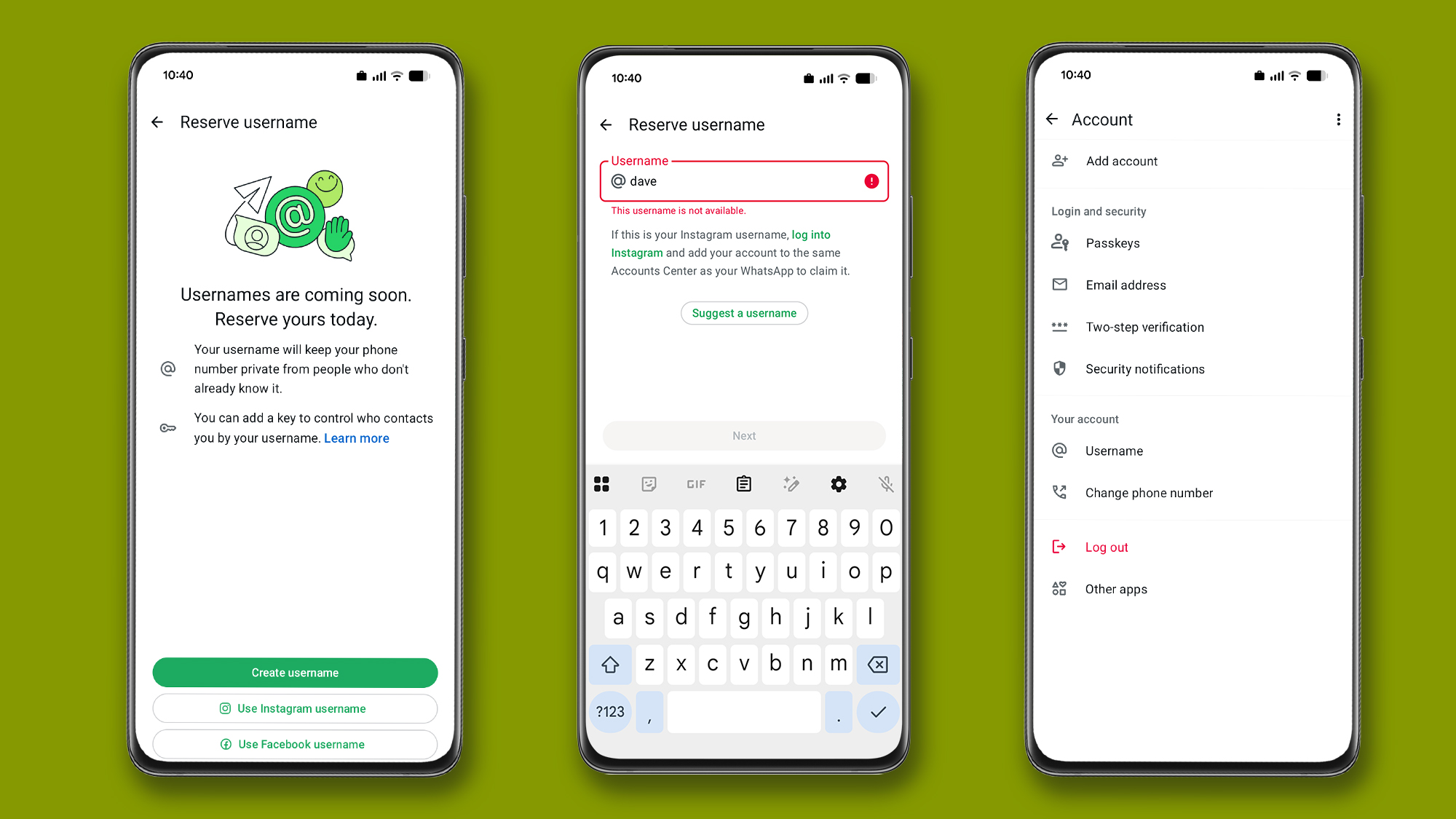 Three phones that show the process to reserve your WhatsApp username