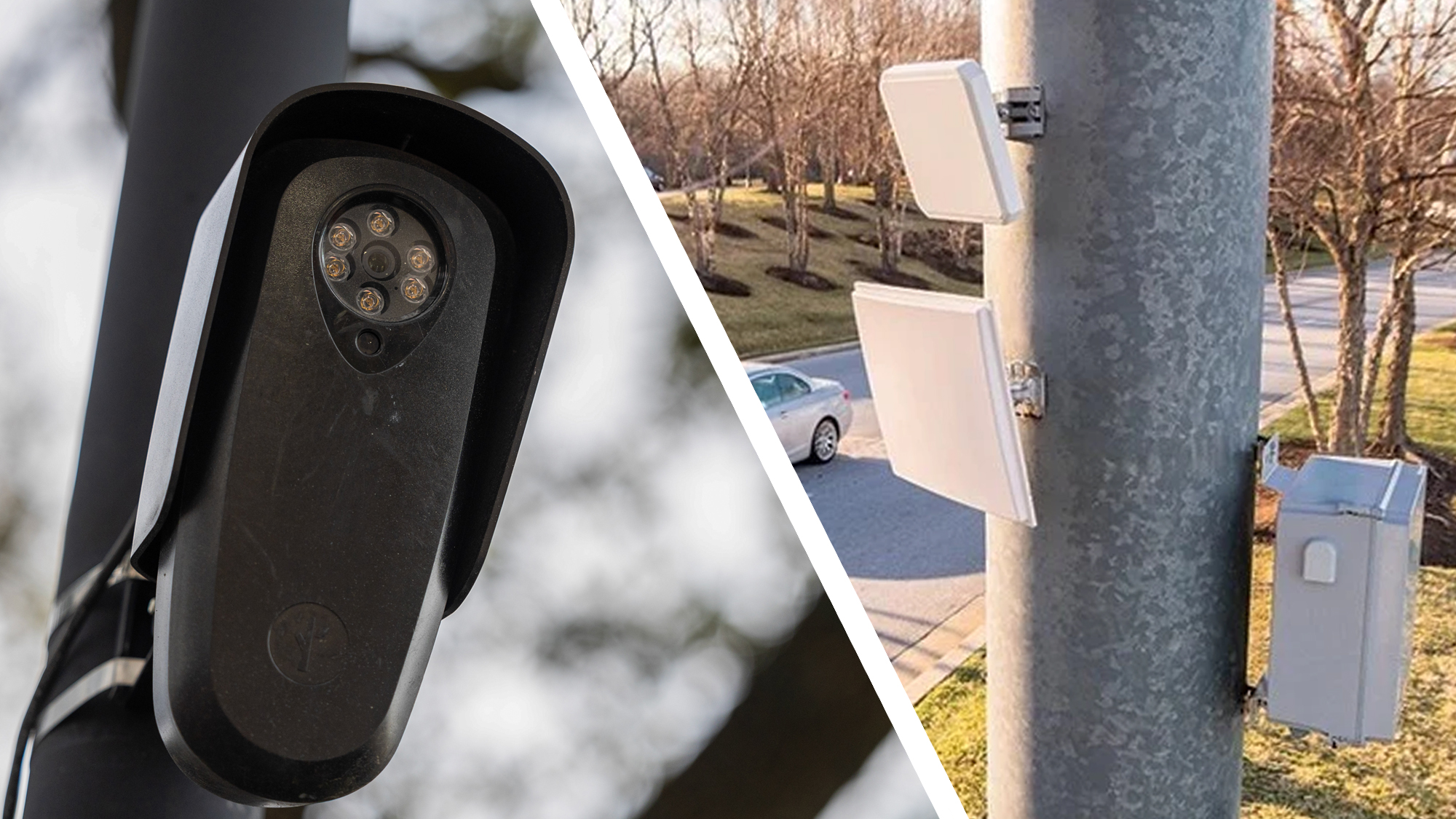 A flock camera next to SignalTrace cameras on a pole