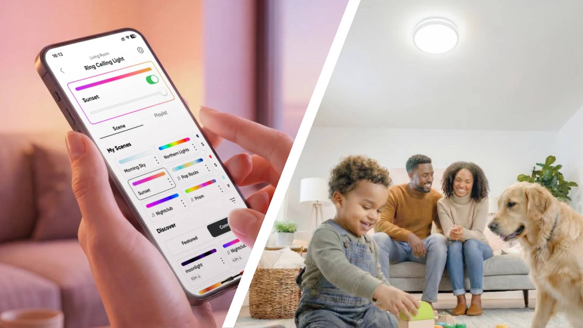 A smartphone with the Nanoleaf app next to a family playing under the Nanoleaf ceiling lamp