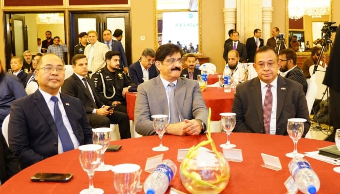 Sindh Chief Minister Murad Ali Shah (center) gestures during the Indonesia-Pakistan Business and Investment Forum in Karachi on July 14, 2026. — Consulate General of the Republic of Indonesia in Karachi