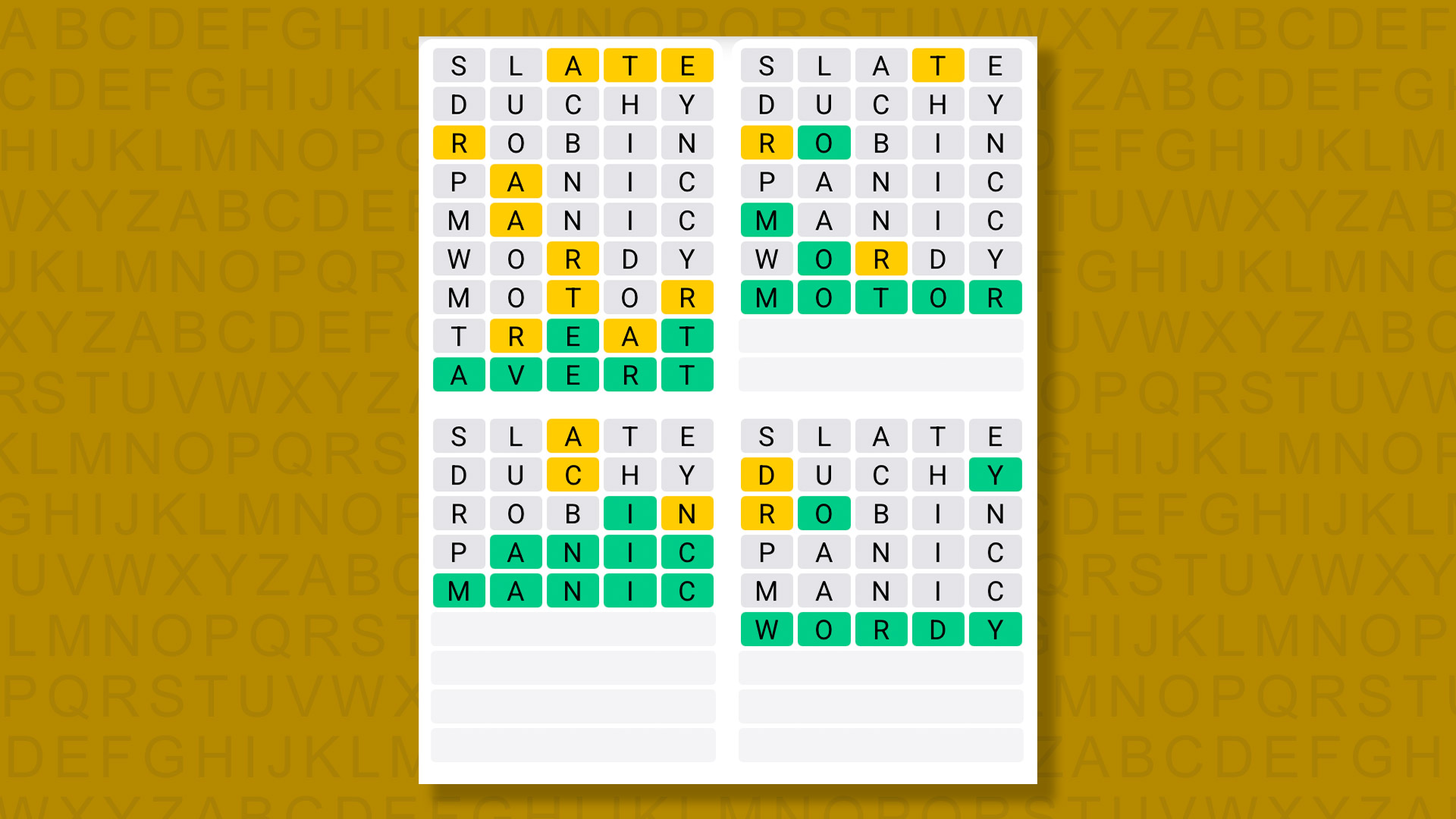 Quordle answers for the game 1621 on a yellow background