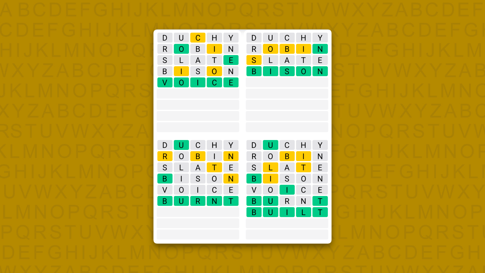 Quordle answers for the game 1631 on a yellow background
