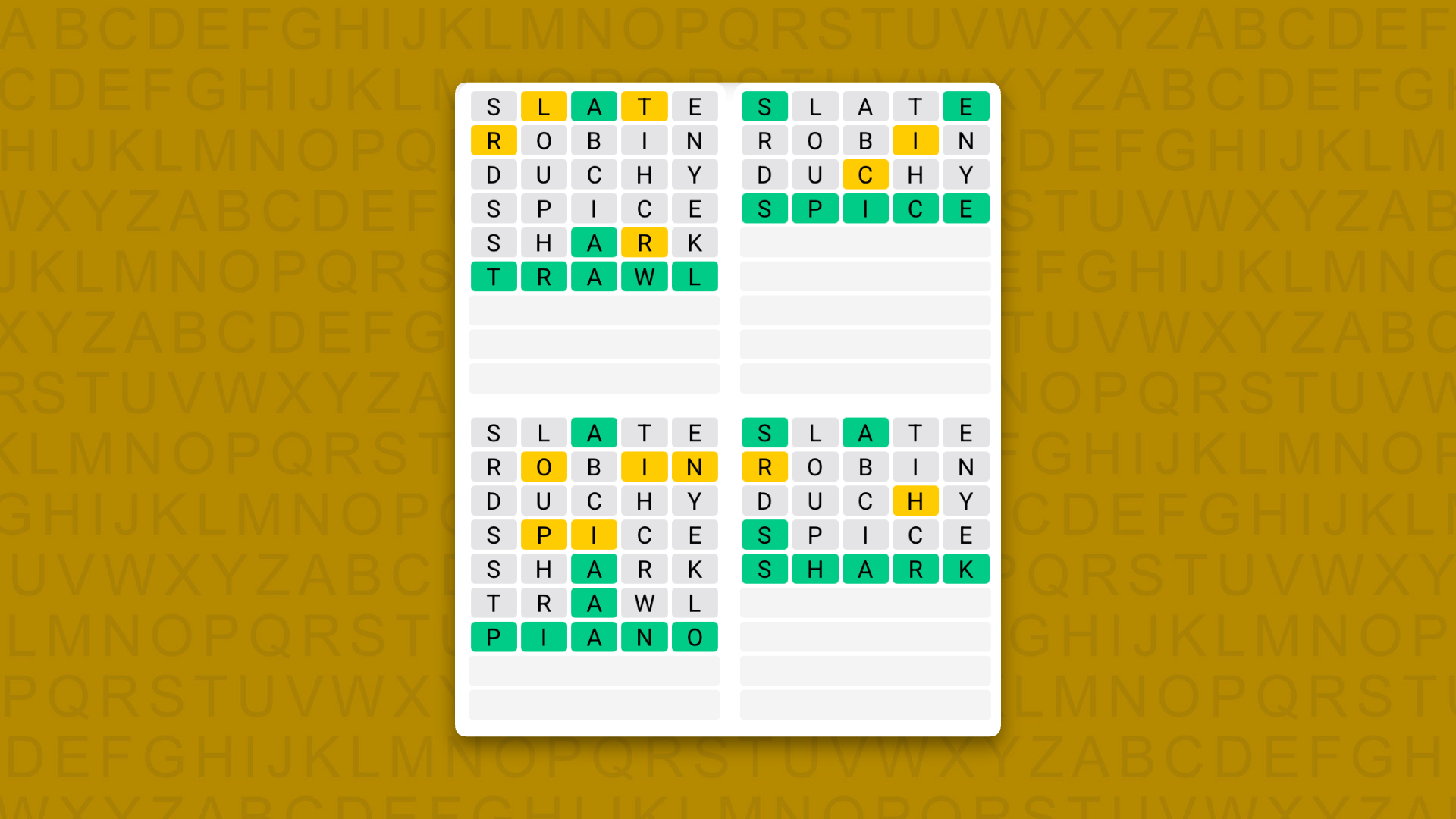 Quordle answers for the game 1624 on a yellow background