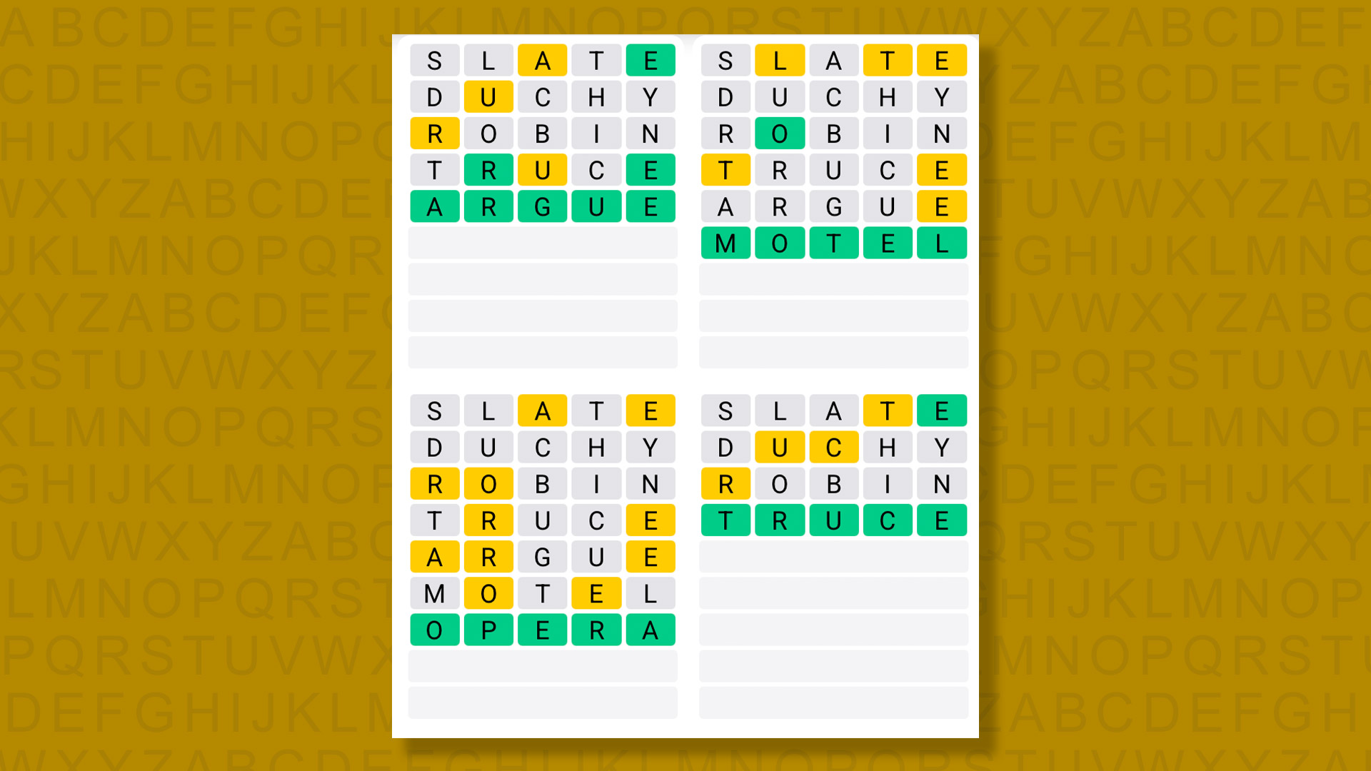 Quordle answers for the game 1622 on a yellow background