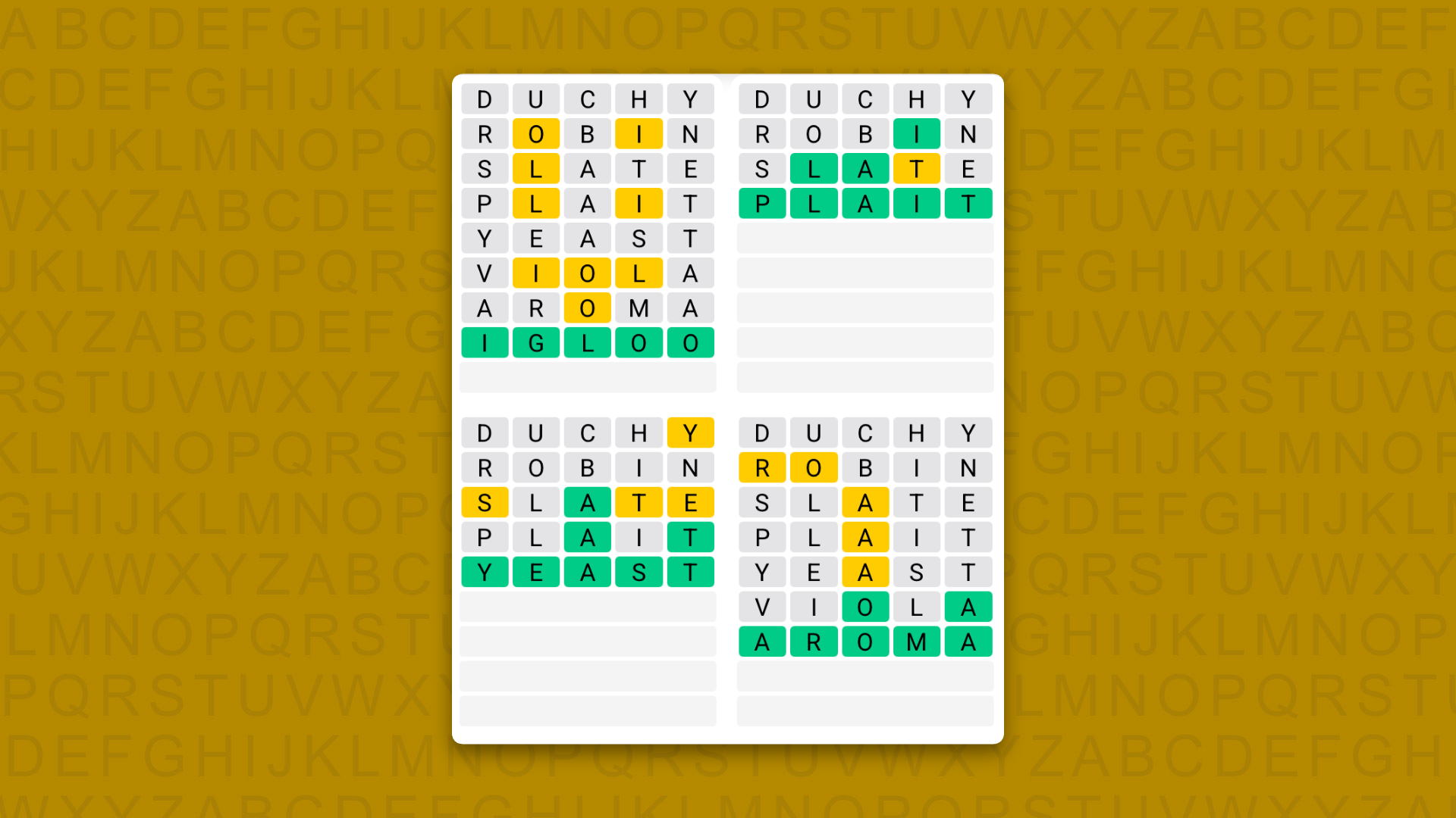 Quordle answers for the game 1634 on a yellow background