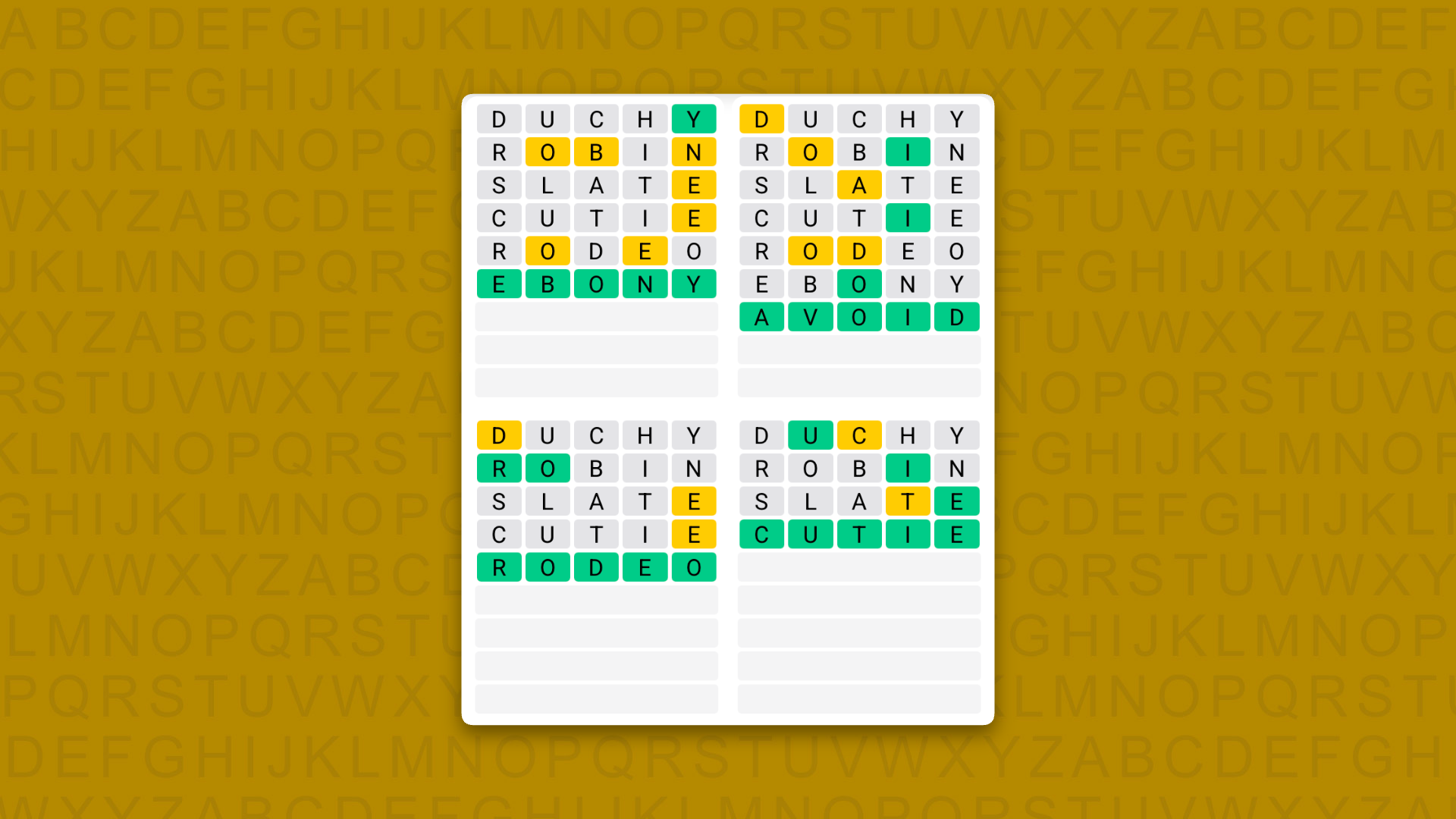 Quordle answers for the game 1632 on a yellow background