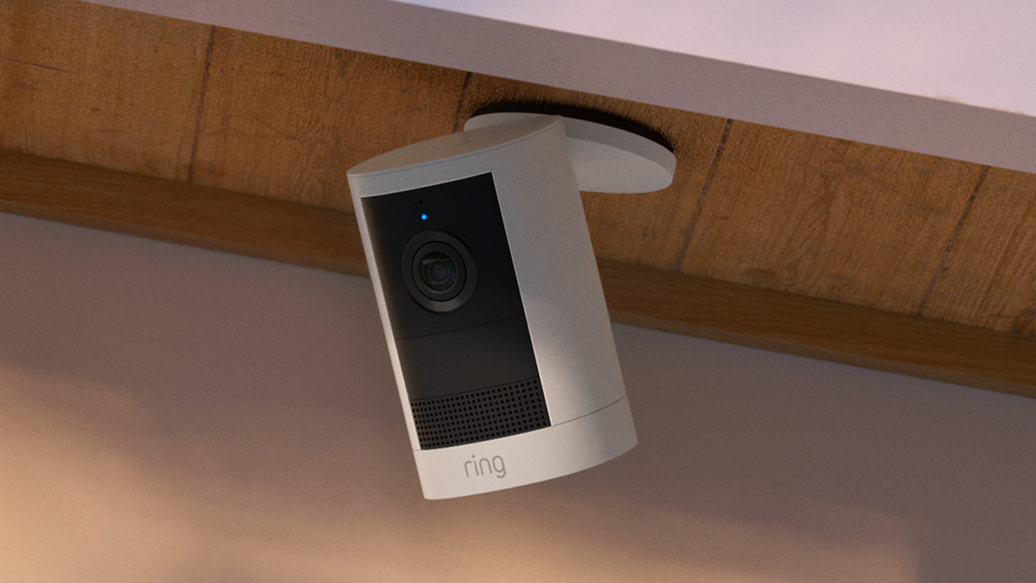 The second generation Ring Outdoor Camera mounted under a roof