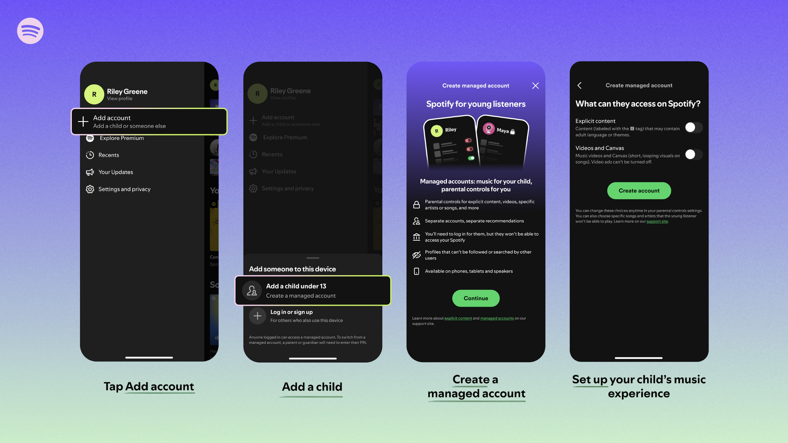 Screenshots of Spotify managed accounts on blue background