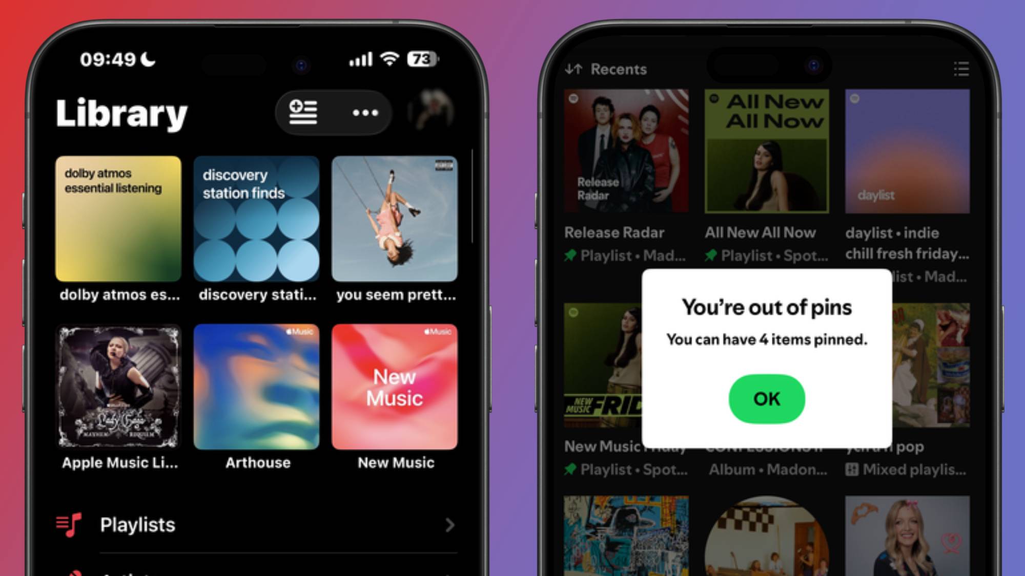 Two smartphones showing items pinned to Apple Music and Spotify