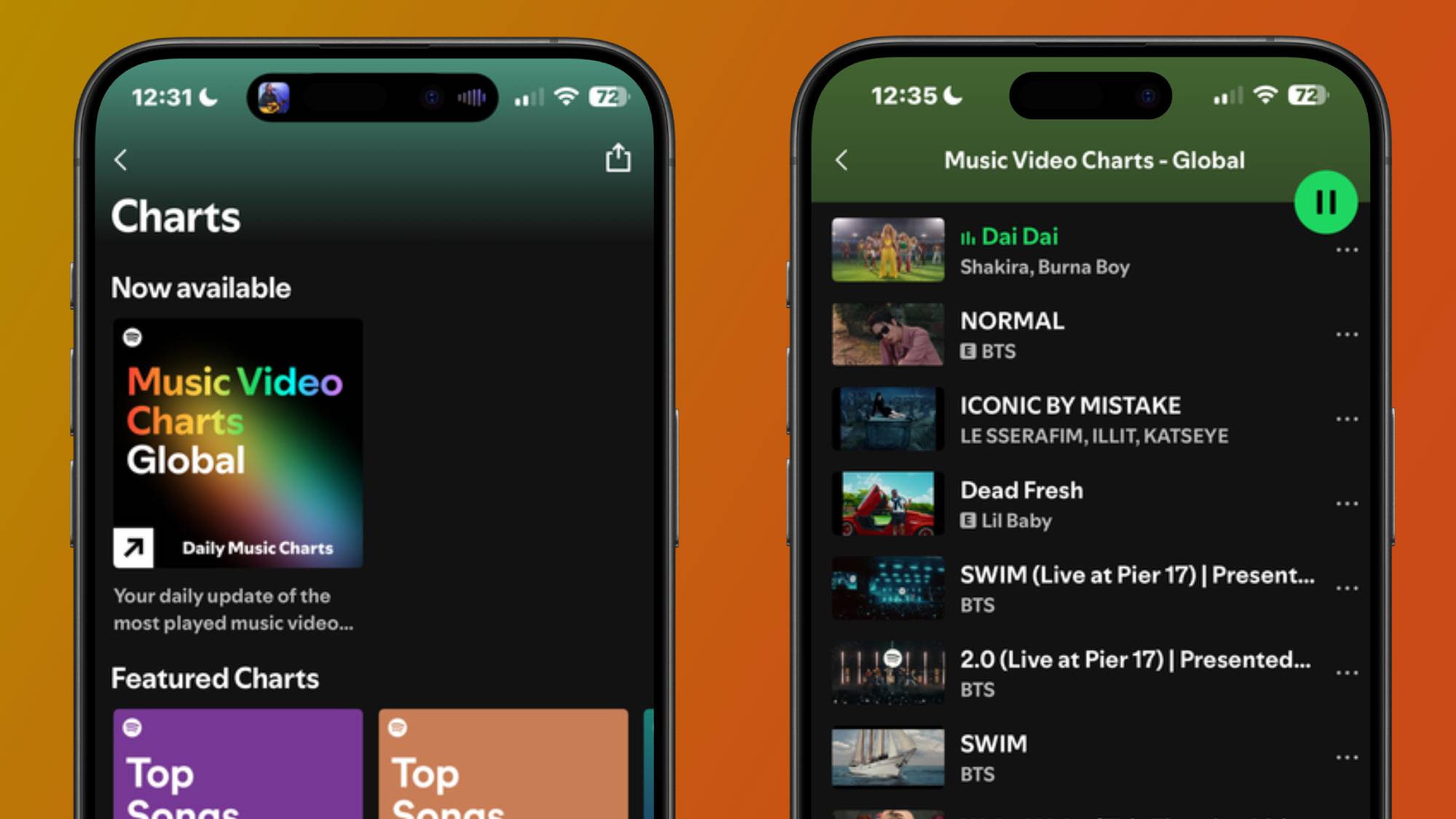Two smartphones showing the new global music video charts on Spotify