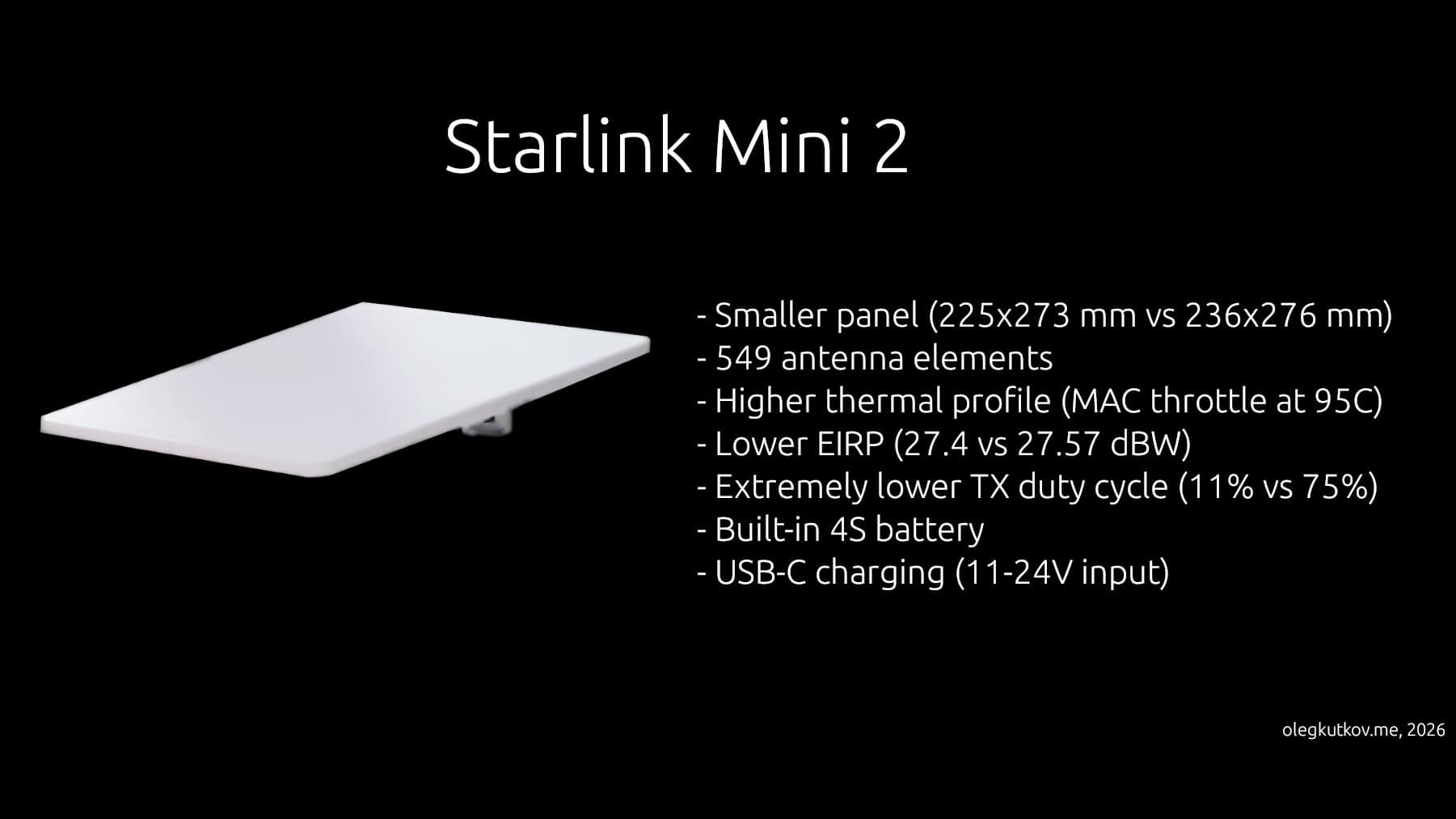 An infographic lists the rumored specifications of the Starlink Mini 2 satellite dish.