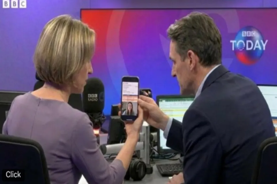 Natwest boss Paul Thwaite depicted in an AI deepfake alongside journalist Emily Maitlis.