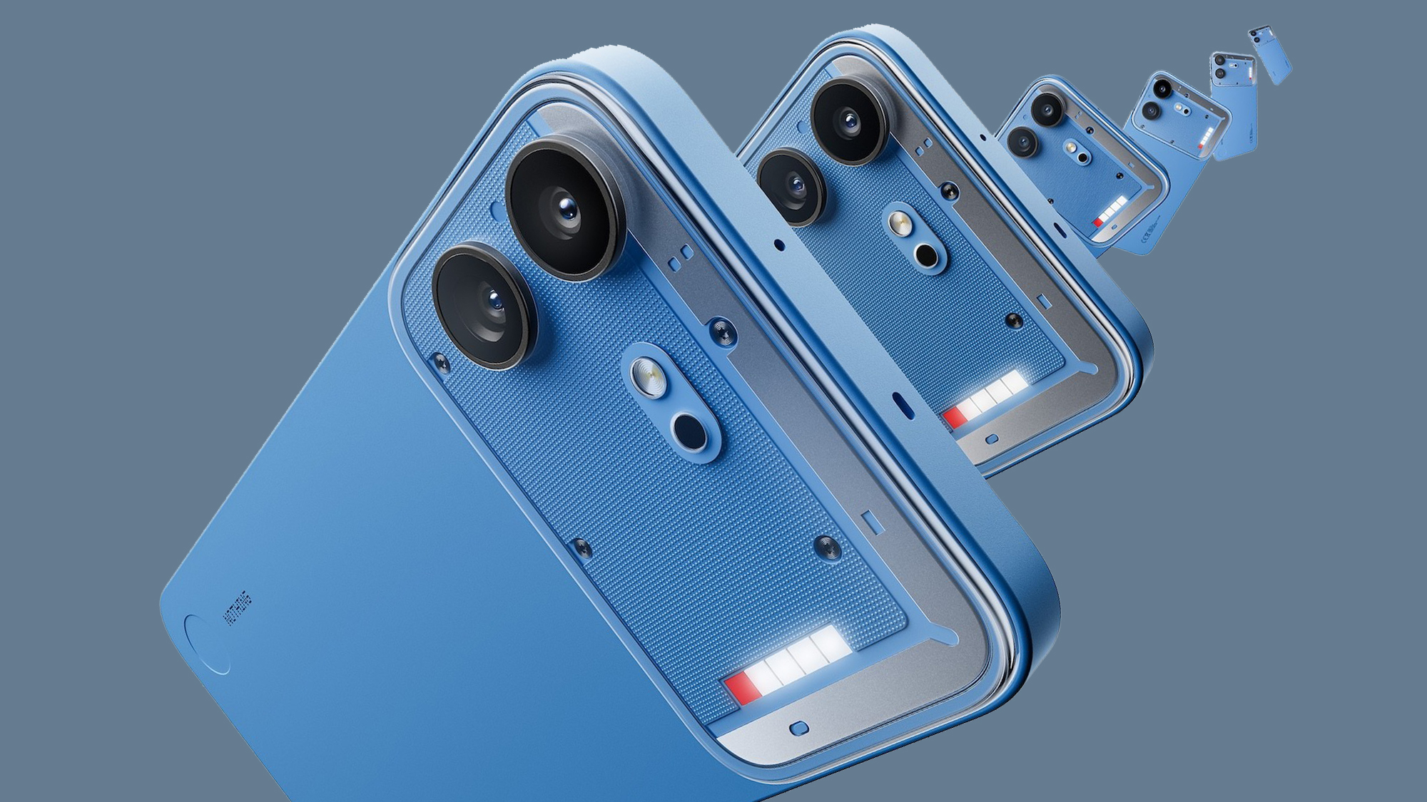 Several Nothing Phone 4B phones on a gray background
