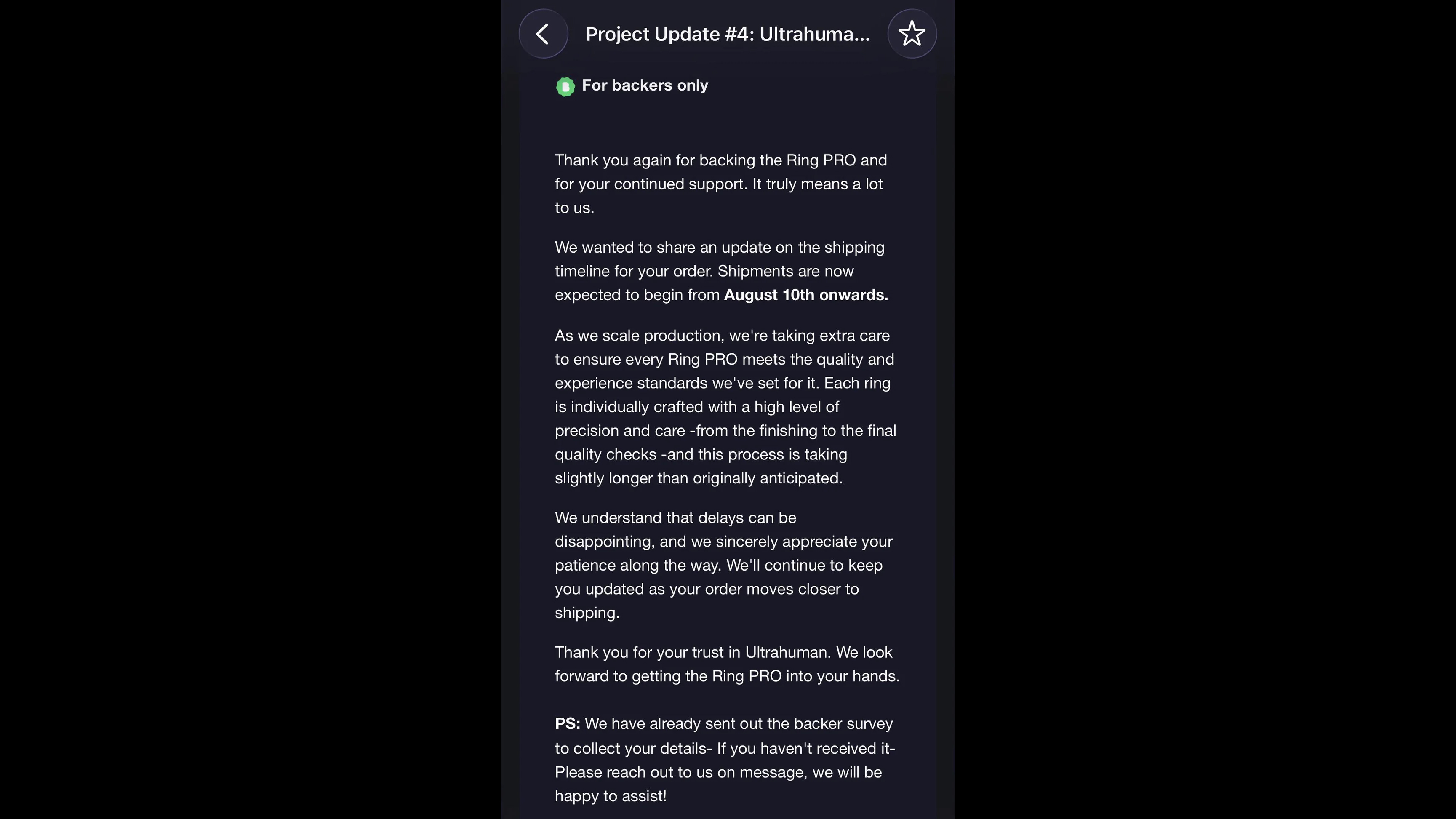 Ultrahuman Ring Pro Kickstarter backers received this message
