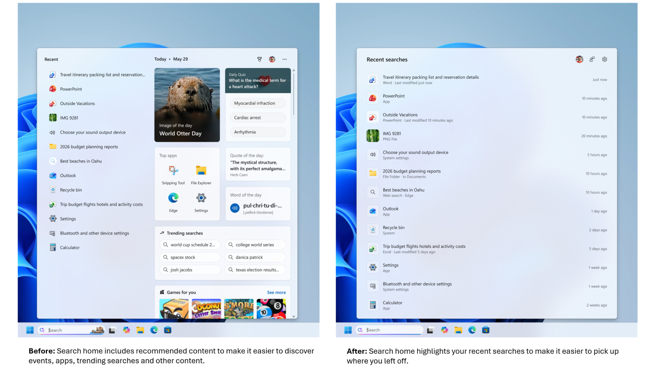 Screenshot of Windows 11 Search revamp in 2026 showing old results vs. new, more optimized panel