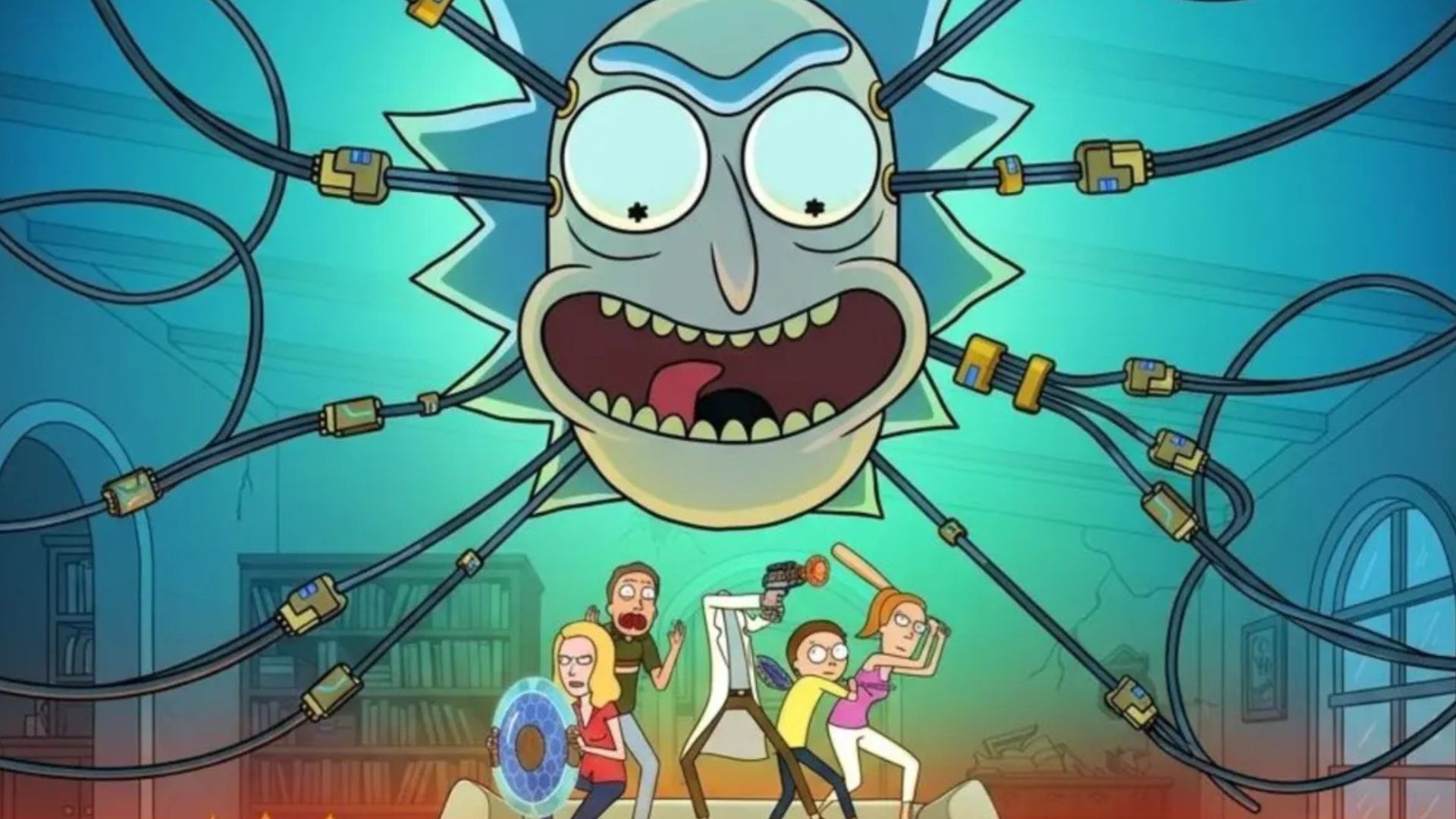 Rick's giant head floats over the Smith family wielding weapons.